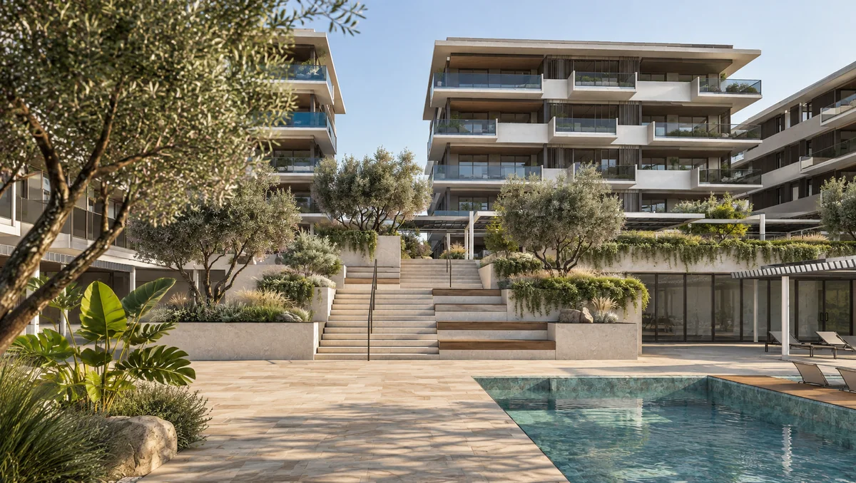 Landscaped courtyard steps leading between the residences beside the swimming pool.