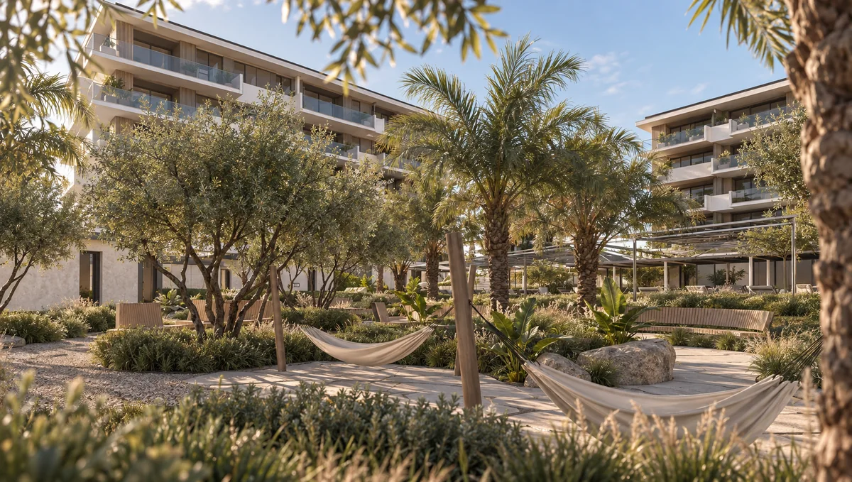 Palm trees, olive trees and shaded seating in the landscaped residential gardens.
