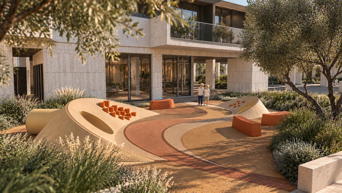 Sculpted outdoor playground set among landscaped gardens beside the residences.