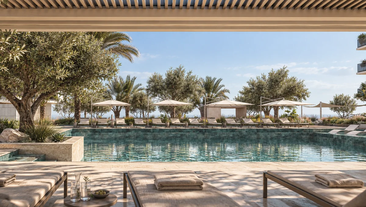 Swimming pool with sun loungers and shaded cabanas, viewed from the terrace.