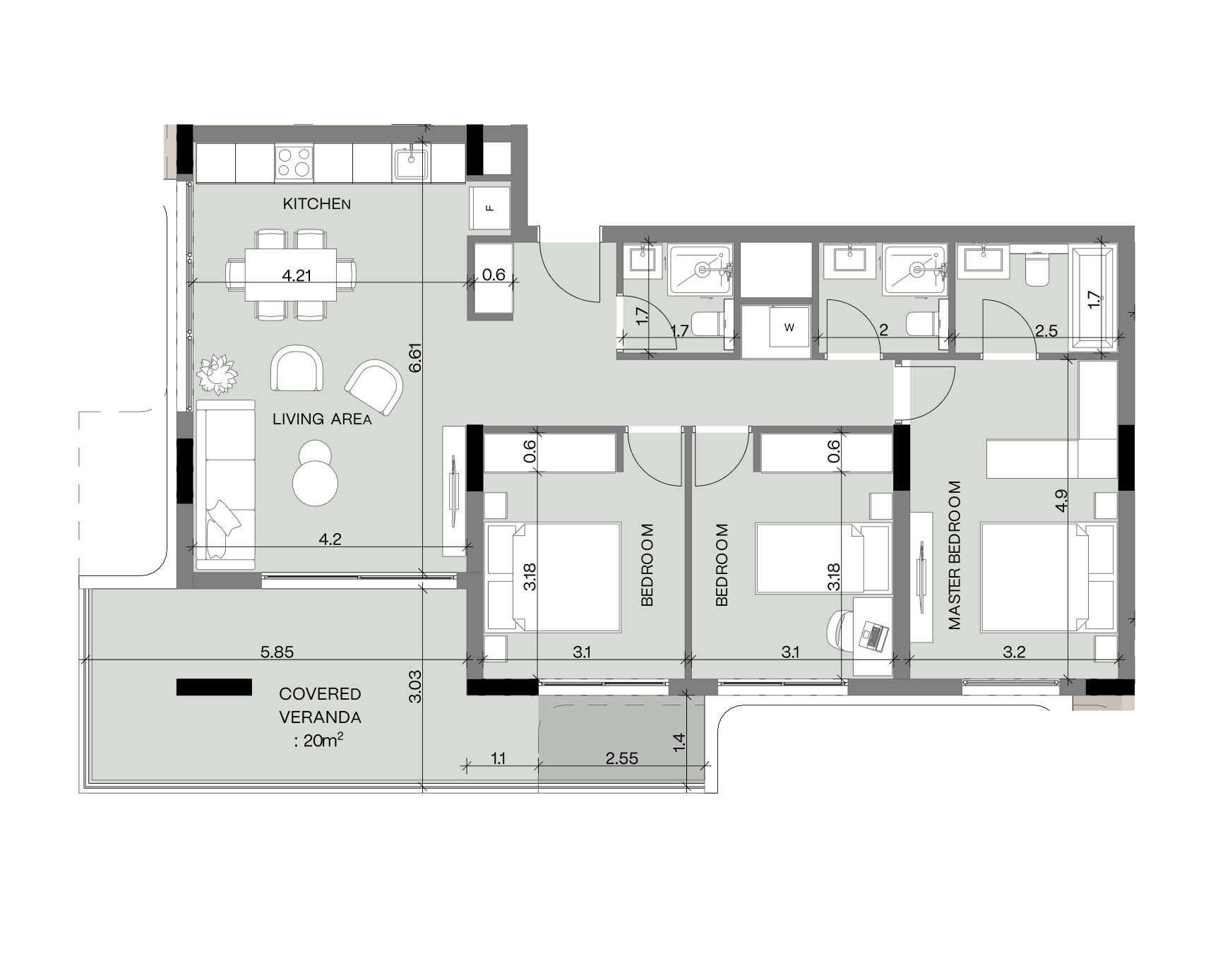 3-bedroom apartment floor plan with room dimensions and covered veranda.