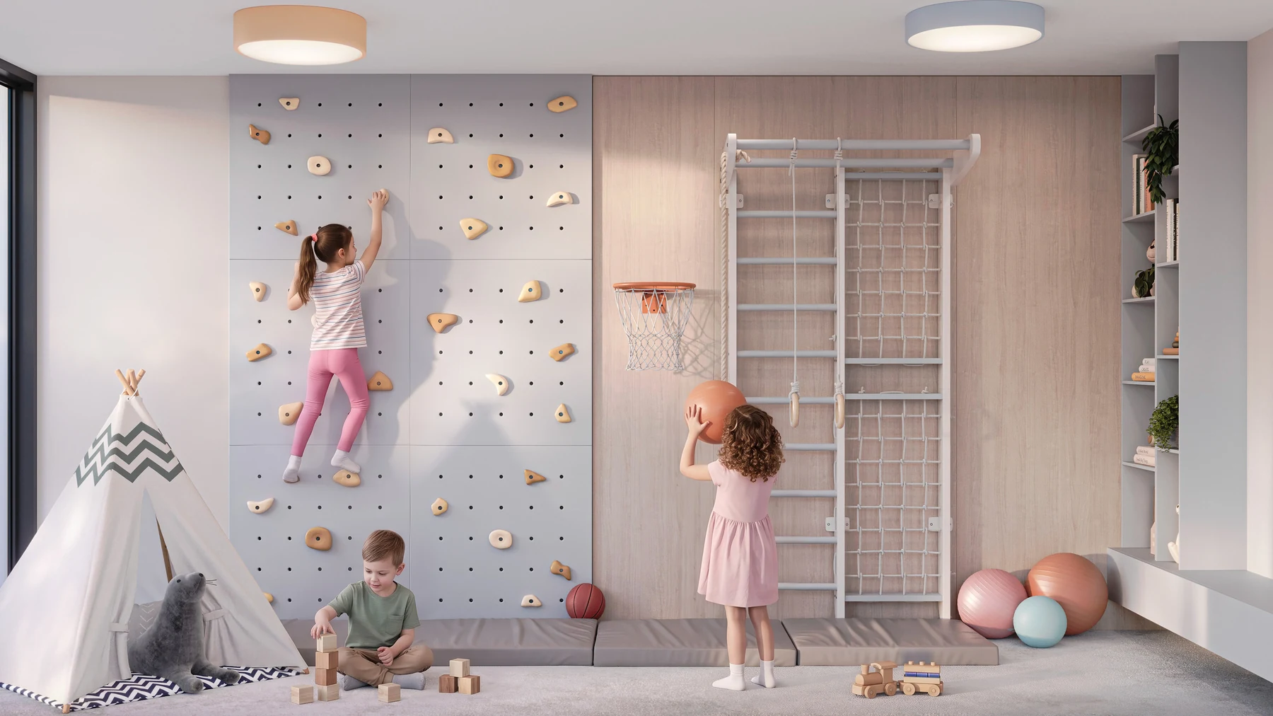 Children playing in the indoor climbing and activity room.