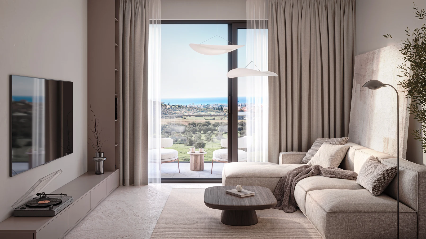 Studio interior illustration: a bright living room opening onto a sea-view terrace.